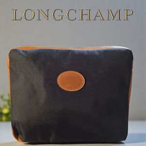 Longchamp Vintage Black Nylon and Tan Leather Pouch In EUC